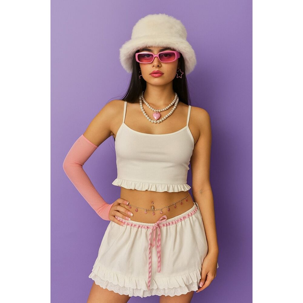 Bailey Rose Y2K White Eyelet Mini Skirt Cottagecore Ruffle Hem Size S